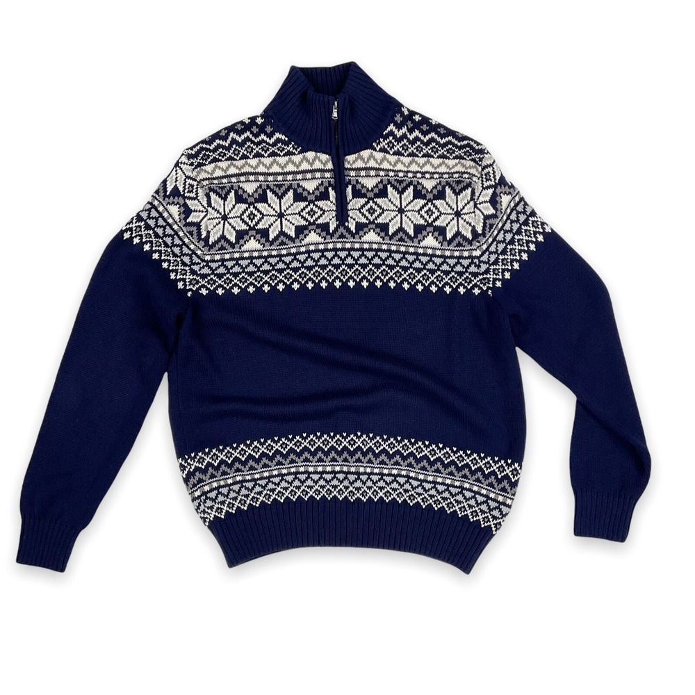 Magaschoni Sweater Men Medium Blue Long Sleeve Fair Isle Quarter 1/4 Zip NWT‎